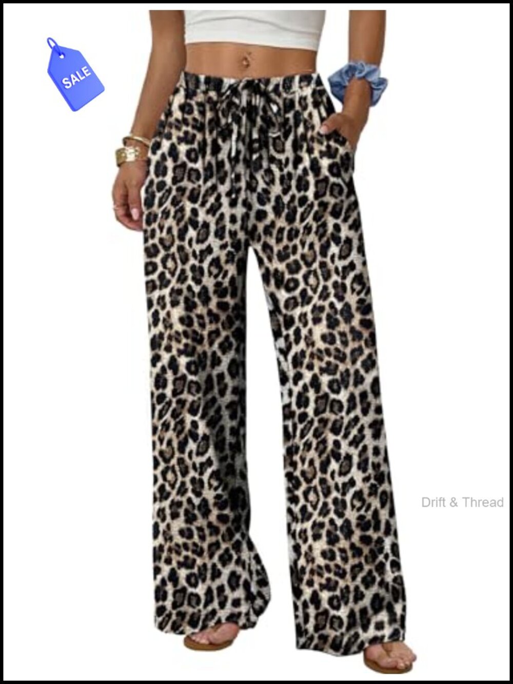 Wide Leg Palazzo Pants Drawstring Elastic Waist Trousers with Pockets Summer